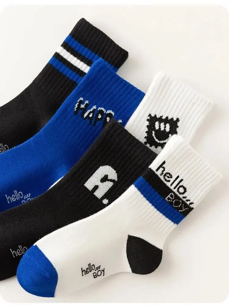 Color: Beige, Size: 10-12T - 1-14T Children's Socks Spring Autumn Cotton Socks Kids Letter Spoty Socks Boys Baby Mid Calf Sport Socks 5 Pairs/lot
