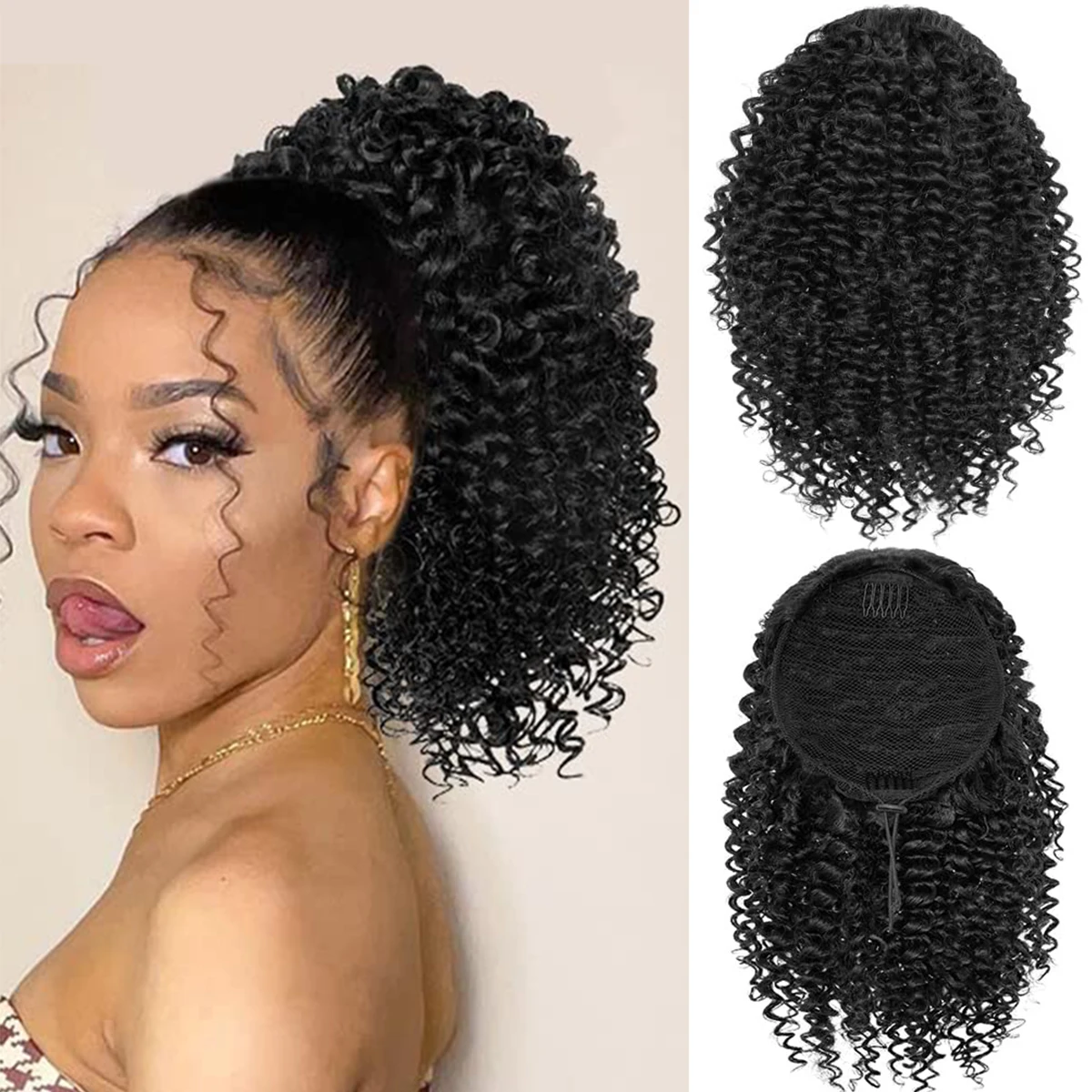 Color: 1B/27HL - Synthetic Drawstring Curly Ponytail Extension for African Women Short Afro Kinky Ponytail Extension