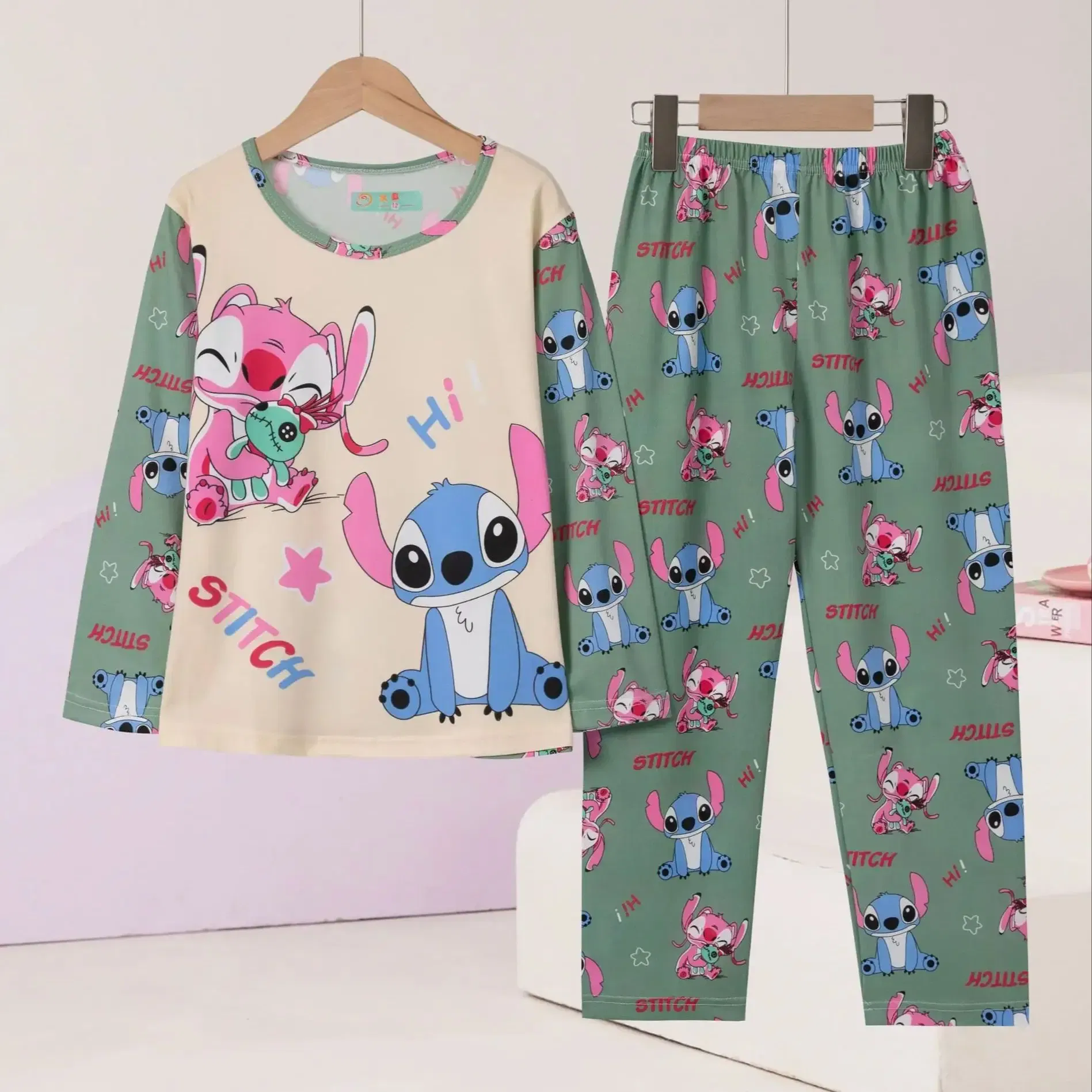 Color: black, Kid Size: 12t - New Pajama Boys Girls Pajamas Stitch Clothing Sets Kids Long Sleeve +Pant 2Piece Children Home Clothing Girl Nightgown