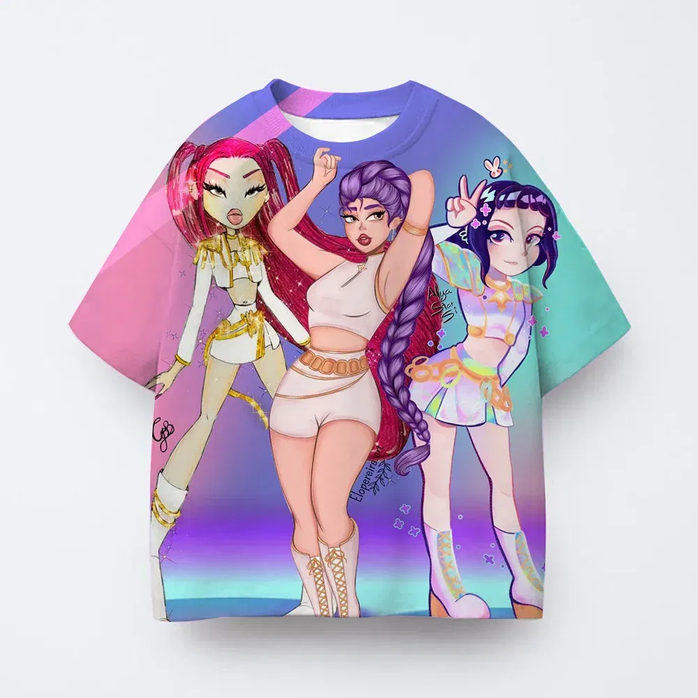 Color: Blue, Kid Size: 5 - T-shirt anime Kpop witch hunting group 3D printing children's T-shirt fashion casual cartoon T-shirt girls' children's clothing