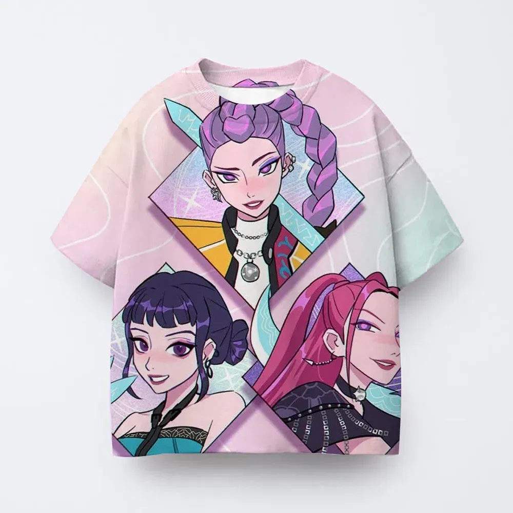 Color: Blue, Kid Size: 5 - T-shirt anime Kpop witch hunting group 3D printing children's T-shirt fashion casual cartoon T-shirt girls' children's clothing
