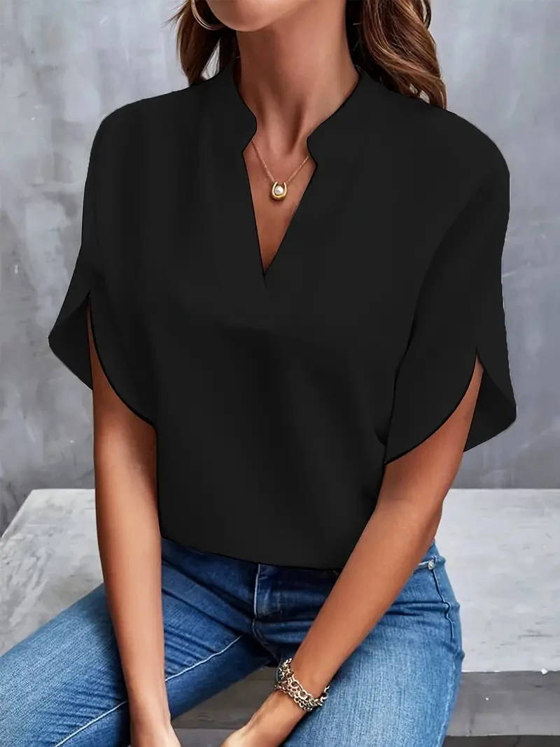 Color: black, Size: S - Women Elegant Solid Chiffon Blouse Spring Summer Casual Long Sleeve V Neck Loose Shirt Office Lady Tunics Oversized Tops 2024