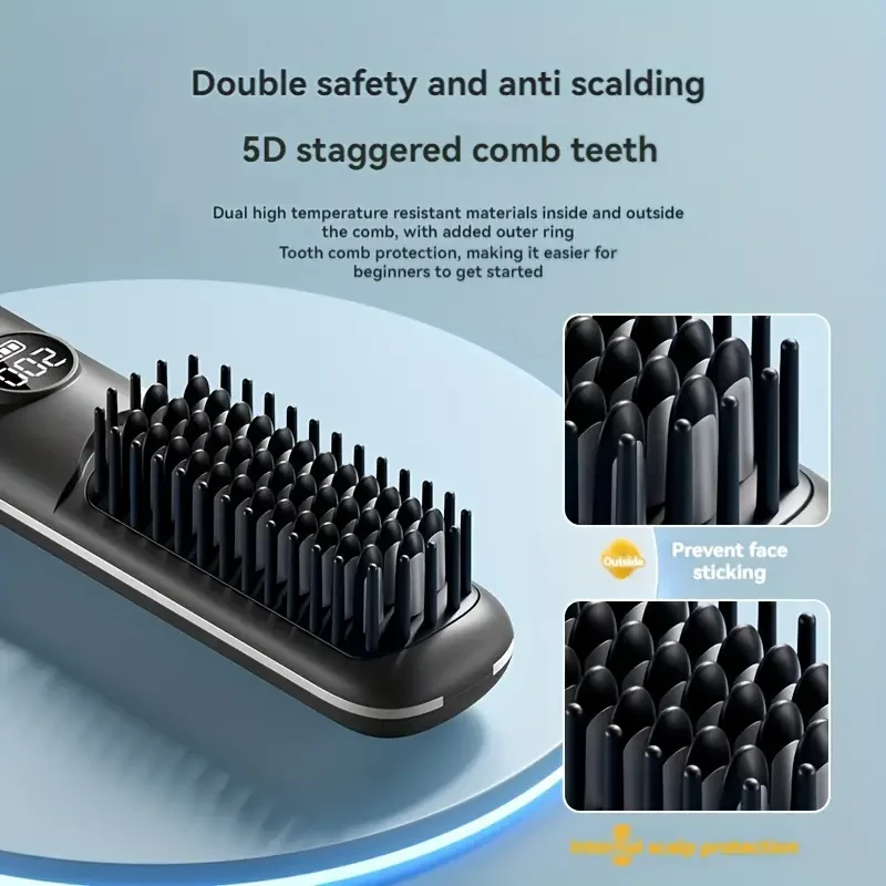 USB Rechargeable Hair Straightening Brush with LED Display, Fast Heating, Anti-Scald, Auto-Off, Thermostatic Control, 2000mAh Lithium Battery for Wet/Dry Use, Portable Ionic Hair Care Comb for Travel & Daily Use, 5 Temperature Settings
