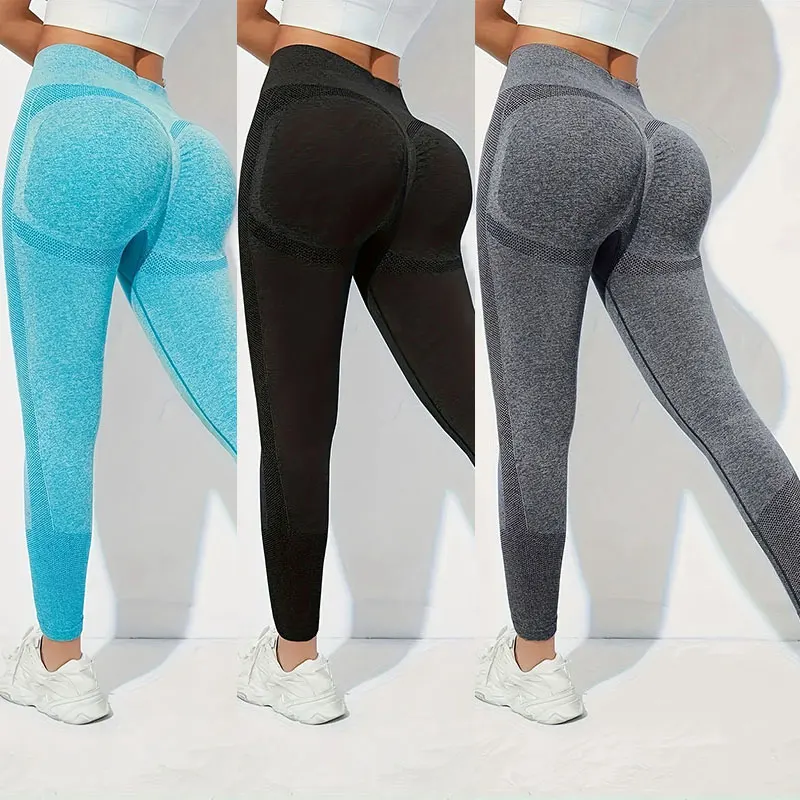 Size: S, Color: Beige - Yoga Basic 3pcs Fitness Gym Tights Seamless Hip-hugging Tummy Control Yoga Leggings With Punch Out Holes