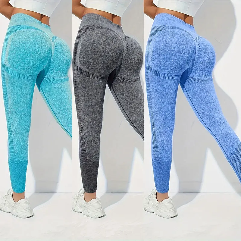 Size: S, Color: Beige - Yoga Basic 3pcs Fitness Gym Tights Seamless Hip-hugging Tummy Control Yoga Leggings With Punch Out Holes