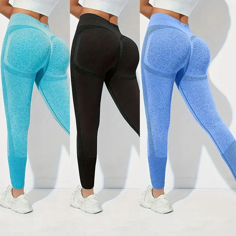 Size: S, Color: Beige - Yoga Basic 3pcs Fitness Gym Tights Seamless Hip-hugging Tummy Control Yoga Leggings With Punch Out Holes