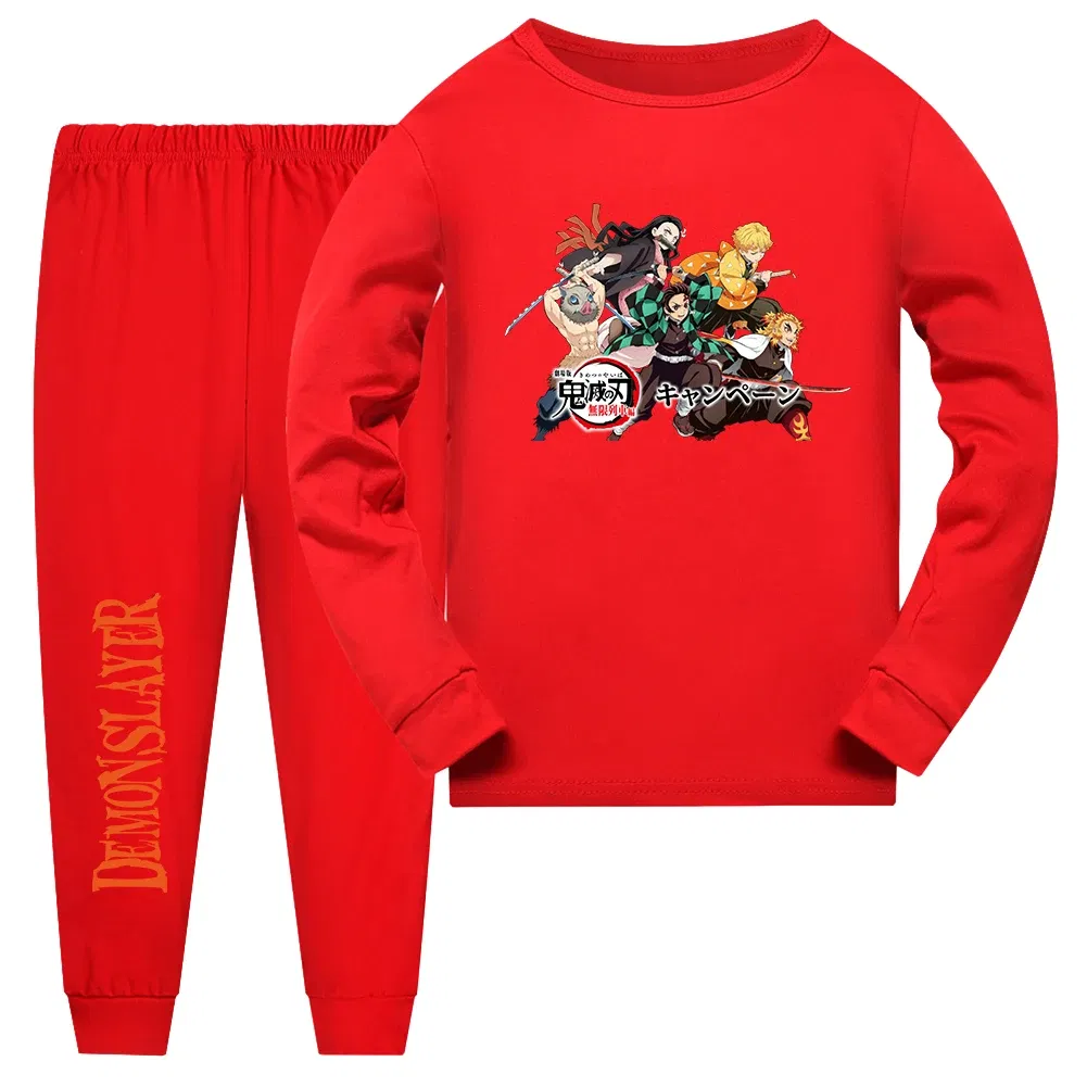 Color: army green, Kid Size: 12 - Demon Slayer Sleepwear Kamado Tanjirou Kamado Nezuko Agatsuma Zenitsu Children's Homewear Suit Long-sleeve Two-piece Pajamas Set