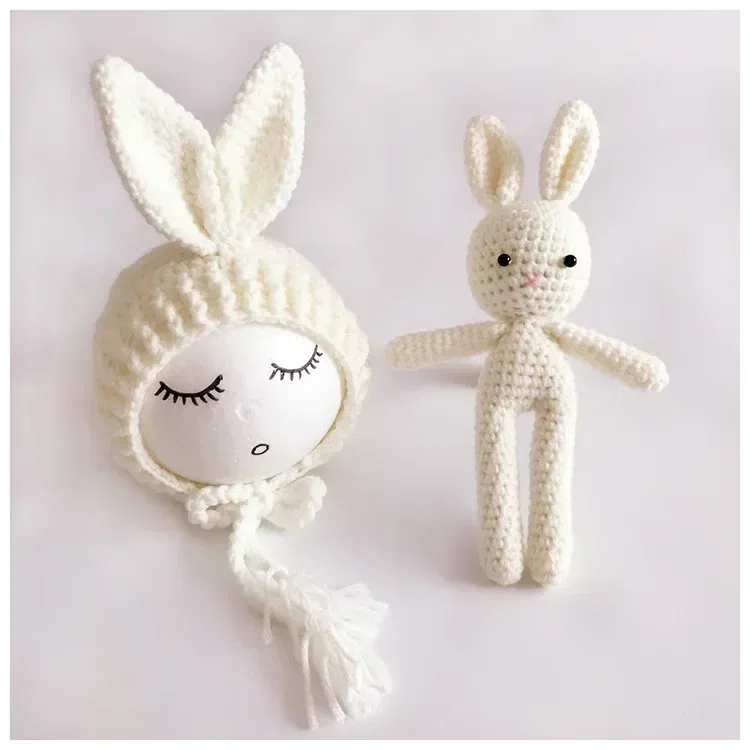 Color: Pink - Newborn Photography Props Posing Doll Handmade Woolen Bunny Doll Cap Bear Cartoon Toy Baby Photoshoot Prop Accessorie Fotografia
