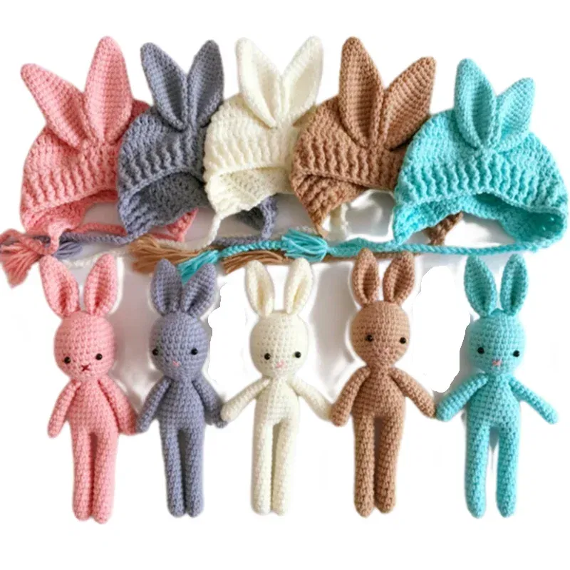 Color: Pink - Newborn Photography Props Posing Doll Handmade Woolen Bunny Doll Cap Bear Cartoon Toy Baby Photoshoot Prop Accessorie Fotografia