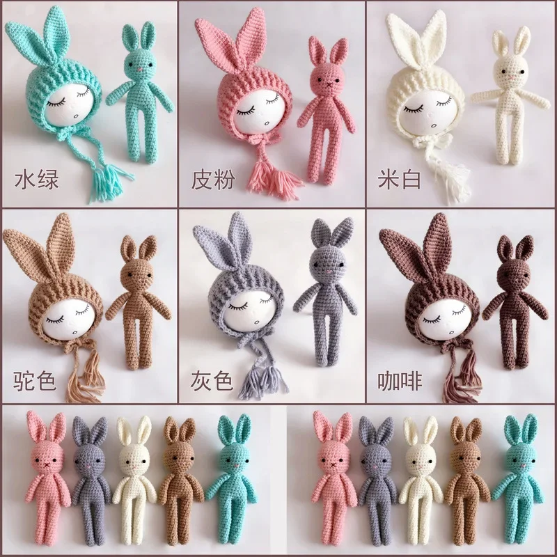 Color: Pink - Newborn Photography Props Posing Doll Handmade Woolen Bunny Doll Cap Bear Cartoon Toy Baby Photoshoot Prop Accessorie Fotografia