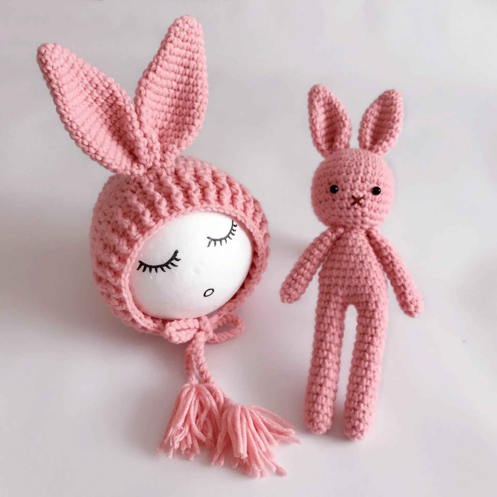 Color: Pink - Newborn Photography Props Posing Doll Handmade Woolen Bunny Doll Cap Bear Cartoon Toy Baby Photoshoot Prop Accessorie Fotografia