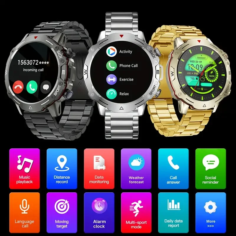 Men's Smart Watch With Wireless Call, Multiple Sports Modes, Pedometer, Fitness Tracker Funtions, Fashionable Stainless Steel Strap Men's Watch For IPhone &Android