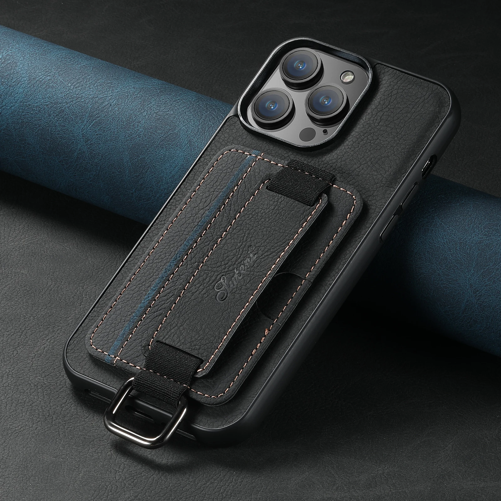 Color: black, Material: PU - SUTENI Lychee skin print wrist strap card phone case Card holder for iPhone 16 ProMax 15 Plus 14 13 12 11 XR XS Black/blue/brown