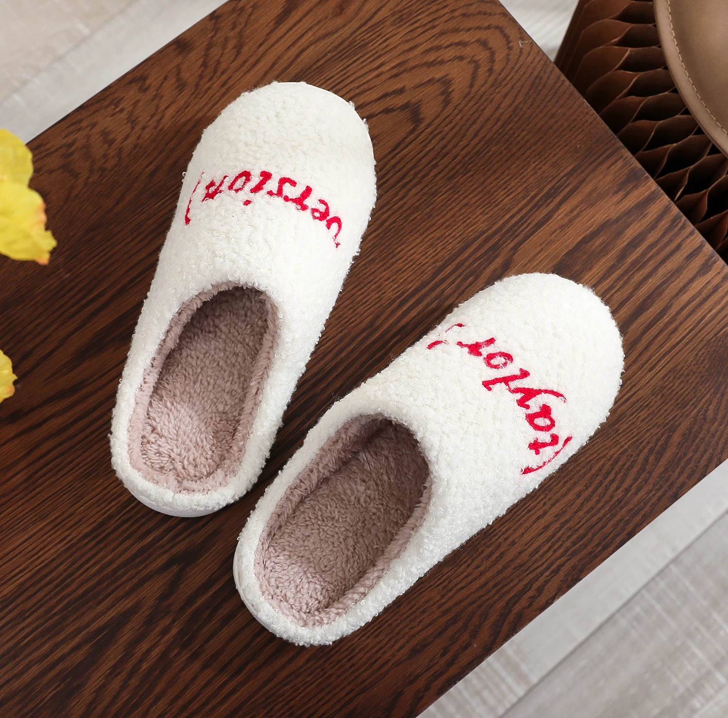 Color: WHITE, Shoe Size: 42 - Winter home home tapors version pattern cotton slippers non-slip thick-soled wool cotton slippers