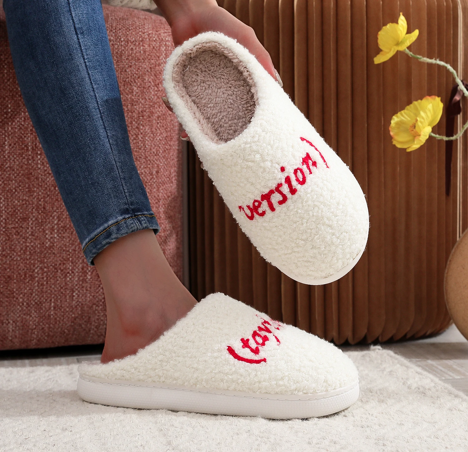 Color: WHITE, Shoe Size: 42 - Winter home home tapors version pattern cotton slippers non-slip thick-soled wool cotton slippers