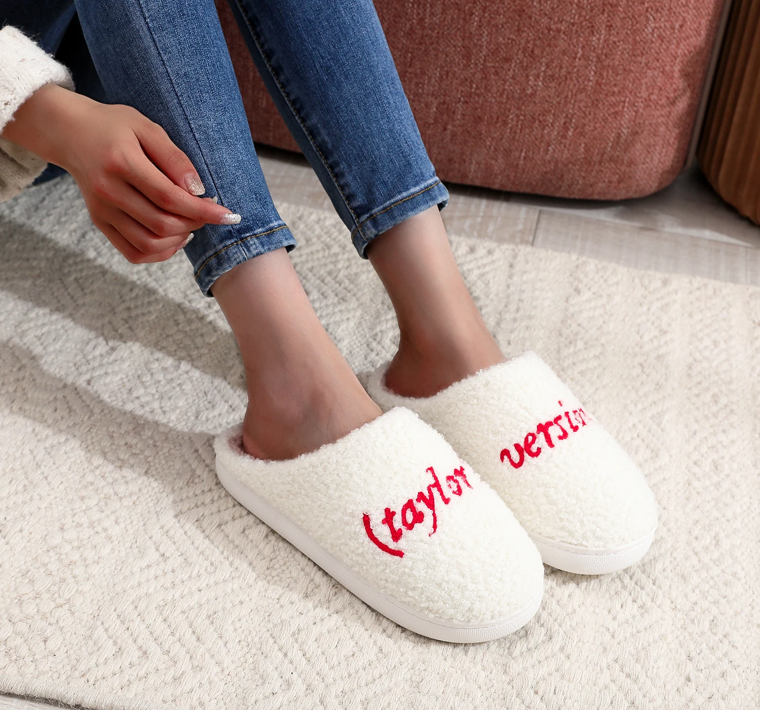 Color: WHITE, Shoe Size: 42 - Winter home home tapors version pattern cotton slippers non-slip thick-soled wool cotton slippers