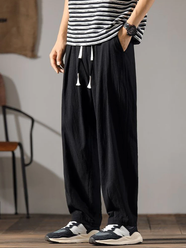 Color: SKY BLUE, Size: XXXL - Japenese Cotton Linen Pants Men Summer Straight Casual Ice Silk Sweatpants Male Wide leg Oversize Linen Trousers 2024 New