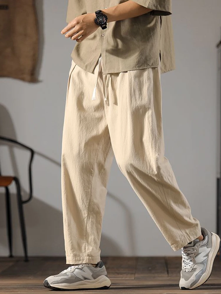 Color: SKY BLUE, Size: XXXL - Japenese Cotton Linen Pants Men Summer Straight Casual Ice Silk Sweatpants Male Wide leg Oversize Linen Trousers 2024 New