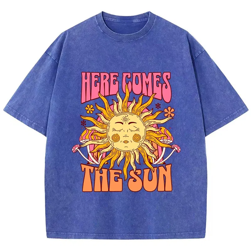 Color: Dark Grey, Size: XS - Oversize Women's Washed T-Shirt Cotton Here Comes The Sun Prints T Shirts Casual O-Neck Short Sleeve Tops Loose Women's Clothes