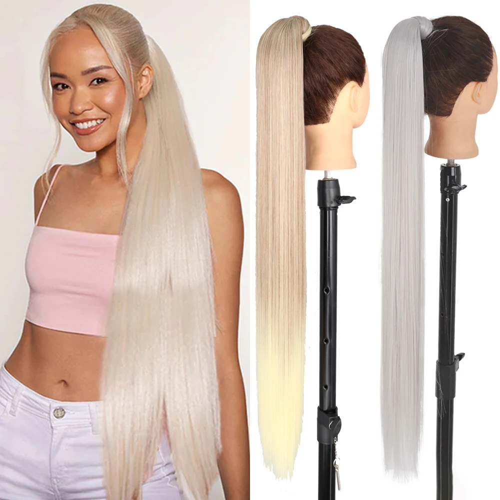 Color: #8, Stretched Length: 34inches - AZQUEEN Straight Synthetic Hairpiece With Ponytail 85cm Super Long Wrap Around Clip In Hair Extensions Pony Tail For Daily Wear