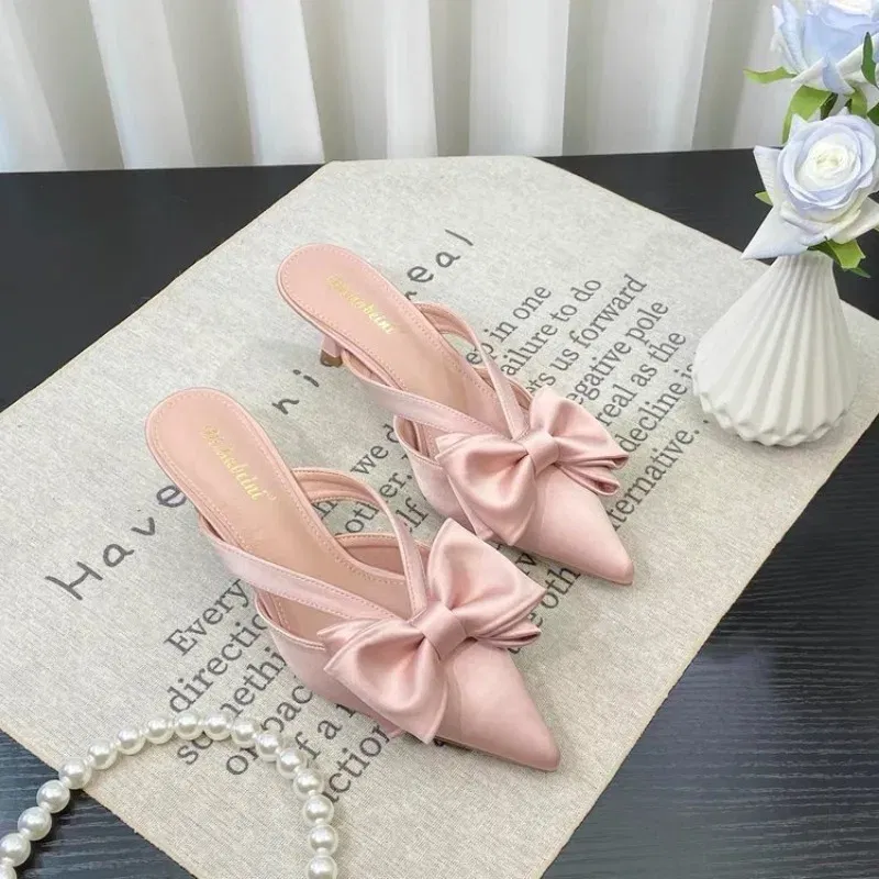 Color: black, Shoe Size: 39 - Fairy Style Pink Cool Slippers for Women's Summer 2024 French Pointed Bow Hollow High Heels, Half Wrapped Women's Slippers