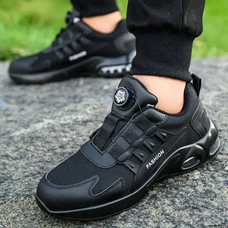Size: 45, Color: GRAY - Rotary Buckle Work Sneakers Protective Shoes Safety Industrial Puncture-Proof Anti-smash Steel Toe Shoes