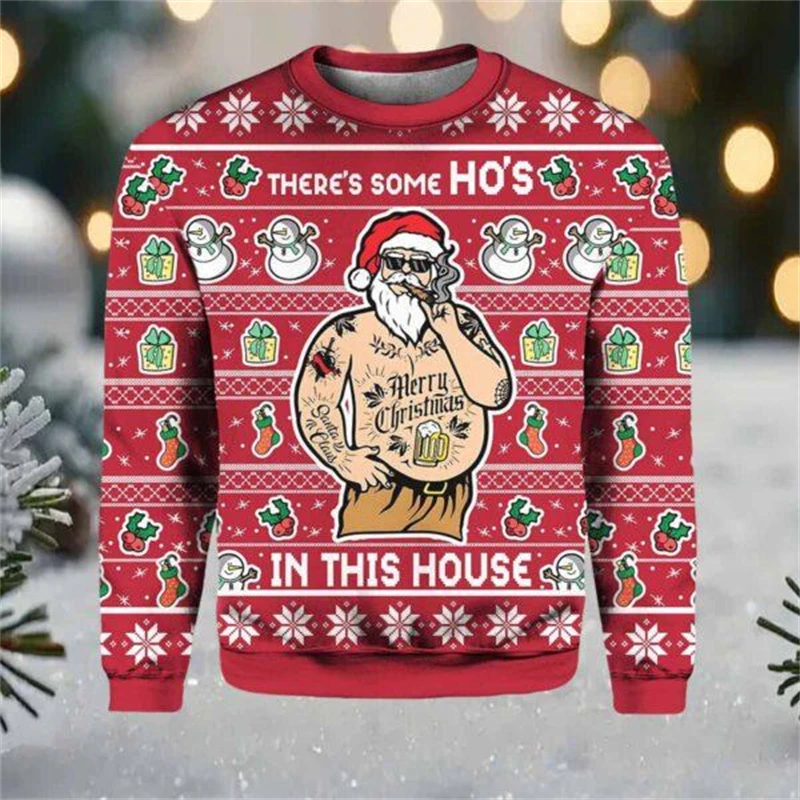 Color: army green, Size: XL - Funny Santa Claus Graphic Ugly Christmas Sweater 2026 Men Fashion Autumn Winter 3D Printed Sweatshirt Casual Oversized Pullovers