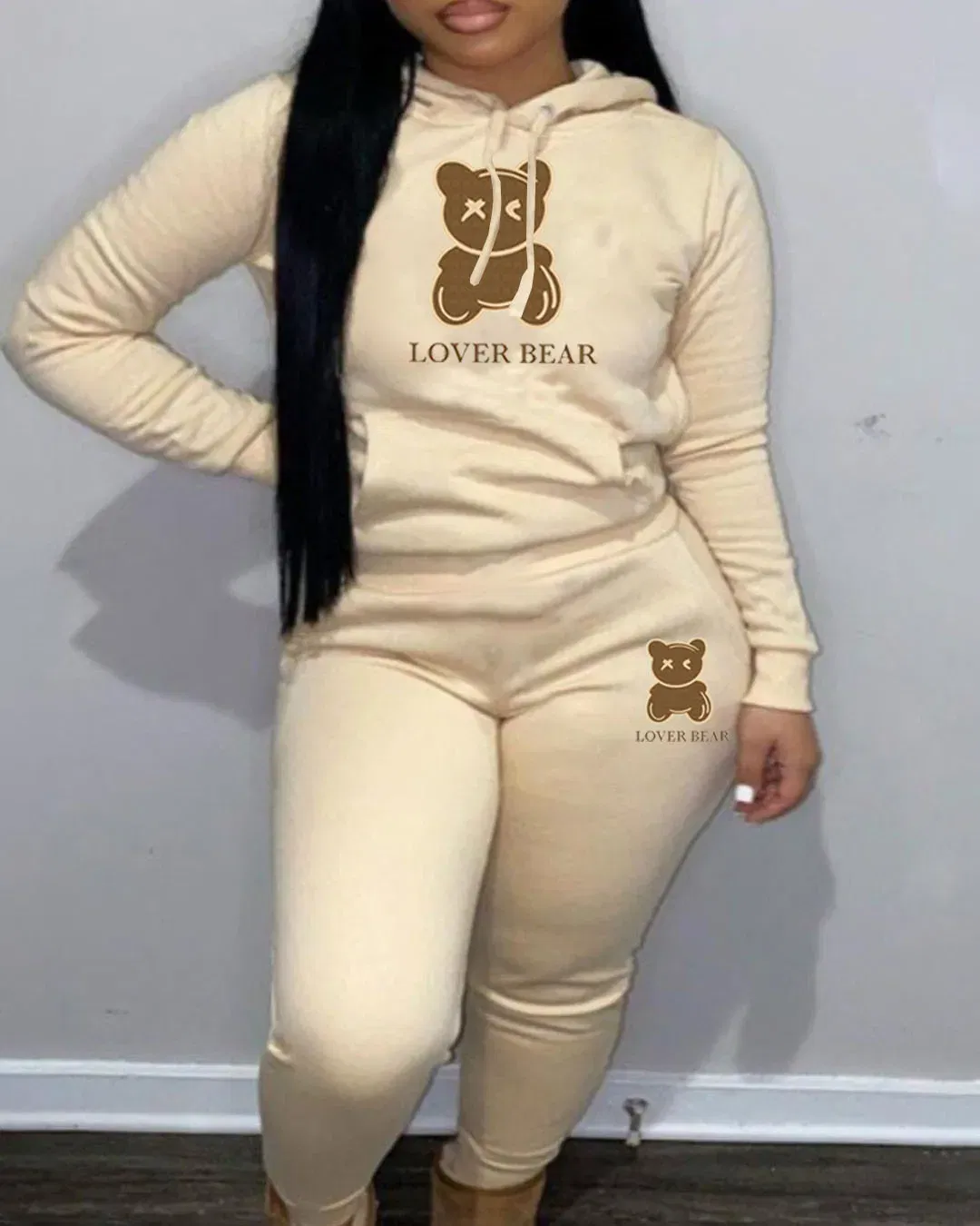Color: Champagne, Size: XXL - 2 Piece Set Women Outfit Letter Bear Print Hooded Neck Hoodies Sweatshirt Pants Tracksuit 2024 Plus Size Streetwear Casual Suit