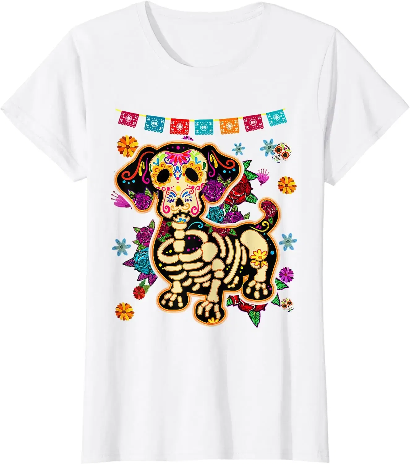 Color: Navy Blue, Size: XXXL - Sugar Skull Mexican Dachshund Bone Halloween Day of Dead T-Shirt Casual Cotton Four Seasons Graphic T Shirts Funny T Shirts
