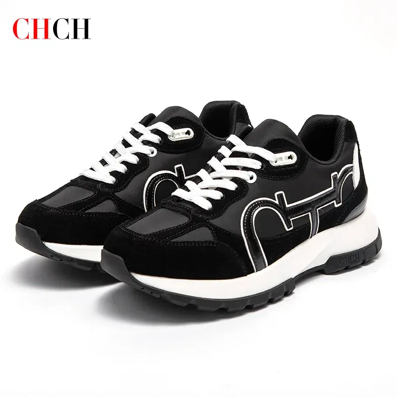 Color: black, Shoe Size: 37 - CHCH Women Tennis Shoes New Leather Splicing Student Sports Shoes