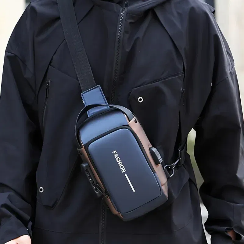 Color: Beige - Durable Oxford Fabric Men's Sling Bag - Stylish Motorcycle Crossbody Chest Pack with Phone Pocket, Zip Closure for Daily Commute