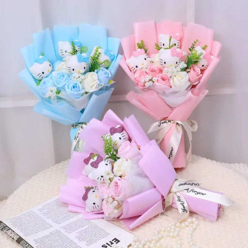 Color: Chocolate - Kawaii Hello Kitty Cat Dolls With Artificial Flowers Creative Bouquet Christmas Valentine Birthday Graduation Gifts
