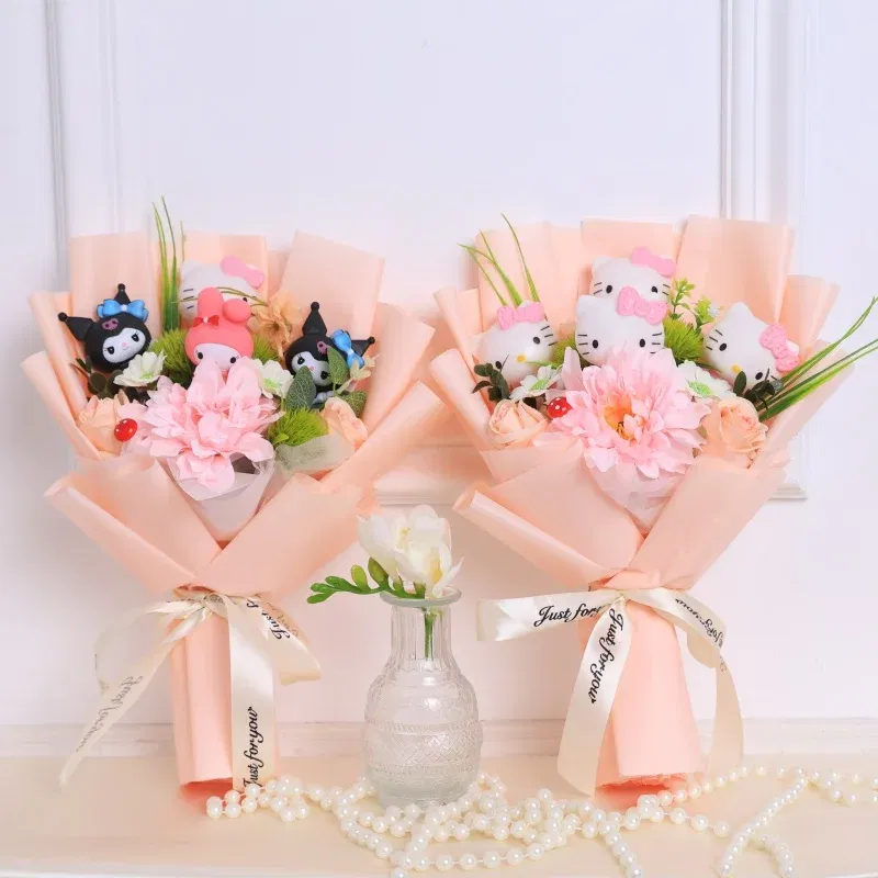 Color: Chocolate - Kawaii Hello Kitty Cat Dolls With Artificial Flowers Creative Bouquet Christmas Valentine Birthday Graduation Gifts