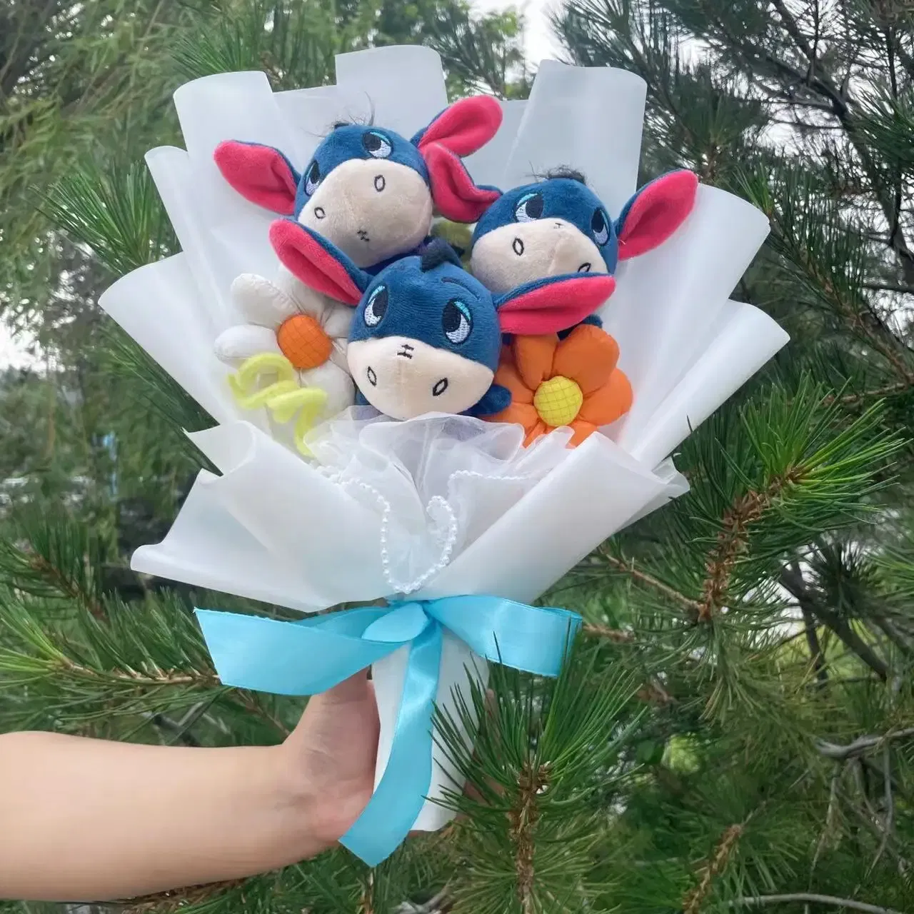 Color: ROYAL BLUE - Cartoon Winnie the Pooh Plush Doll Toy Handmade Flower Bouquet Wedding Valentine's Day Christmas Graduation Gifts