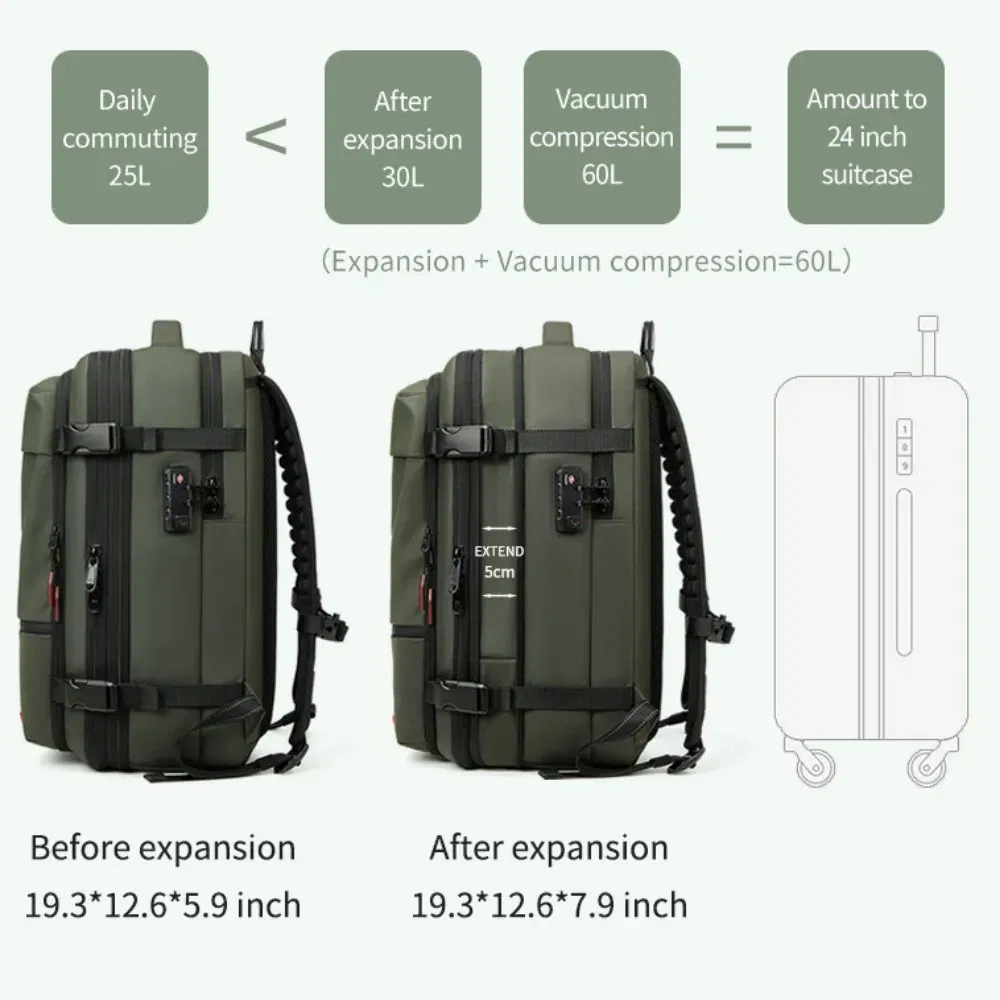 Color: black - Vacpack Vacuum Compression Backpack Airback with Pump Men Waterproof Expandable Carry On Travel Backpack 17 inch Laptop Backpack