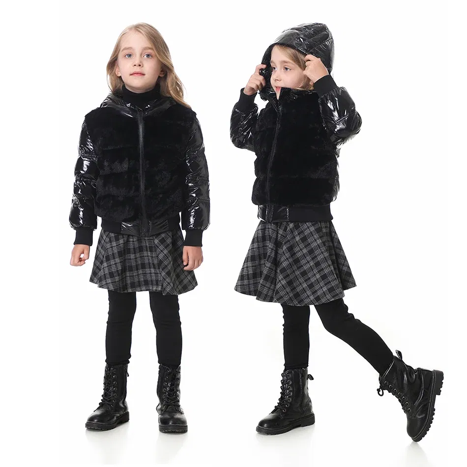 Color: black, Kid Size: 2T - Fashion joining design winter coats filling white duck down warm jackets soft fur fabric and glossy black waterproof coats