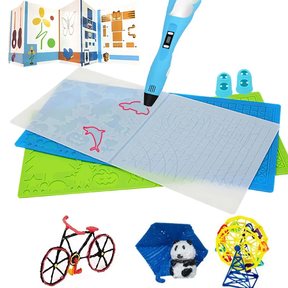 color: Silver - Silicone Design Rubber Pad for 3D Printing Pen with 2 Finger Protectors Template Drawing Tools for Kids Adults Drawing DIY Tools