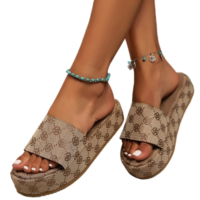 Color: Khaki, Shoe Size: 42 - New Summer Women's Classic Thick Sole Anti Slip Sandals, Daily Comfortable Embroidered Shallow Mouth Vacation Party Beach Miter