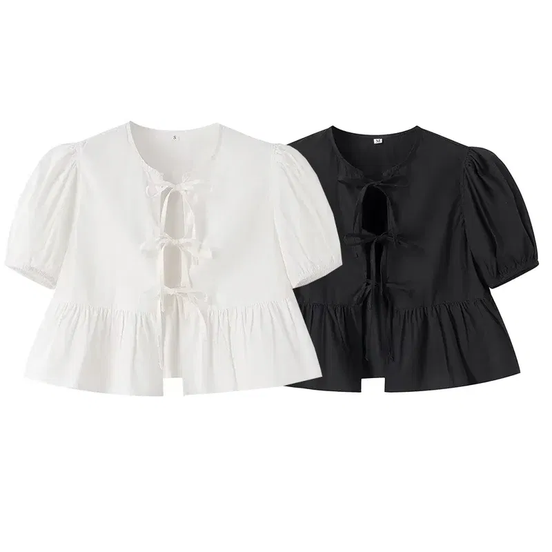 Color: WHITE, Size: L - TRAF White Crop Top Women Black Ruffle Short Puff Sleeve Blouse Female Bow Tied Summer Blouses Woman 2024 Ruched Cute Tops