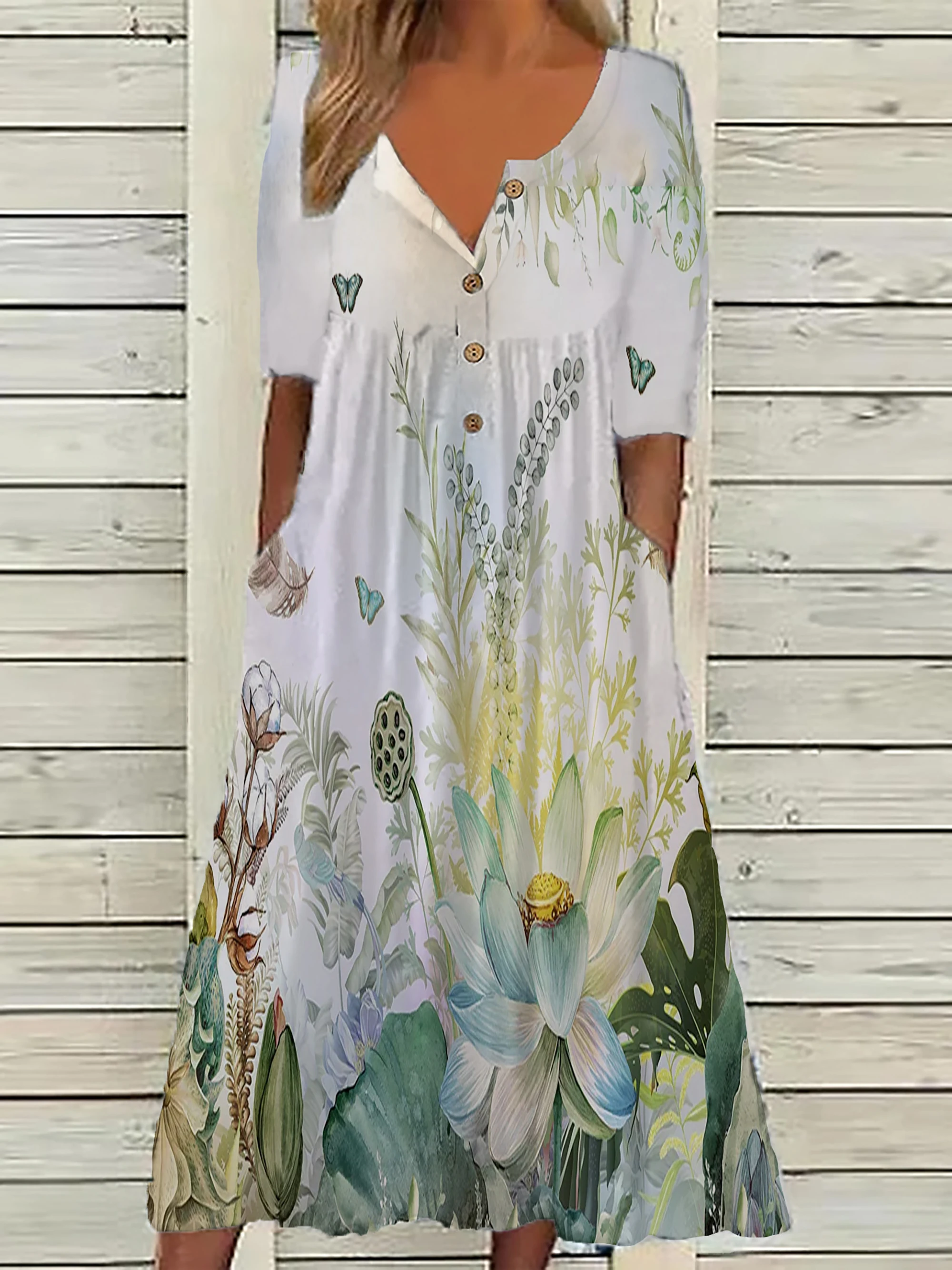 Color: Beige, Size: 0XL - 2024 Europe and the United States spring new fashion printed V-neck button short sleeve plus size women's size women's pocket