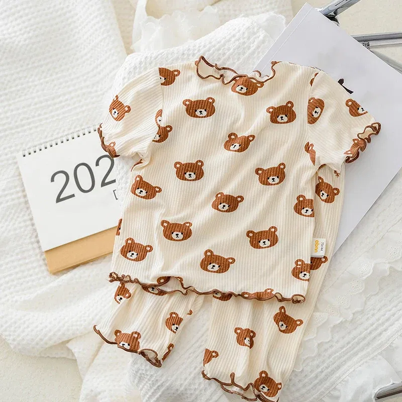 Color: Black, Kid Size: 12 - Summer Printing Short-Sleeved Loungewear Suit Boys And Girls Pajamas Pants Two-Piece Set 2-6 Years Old Robe