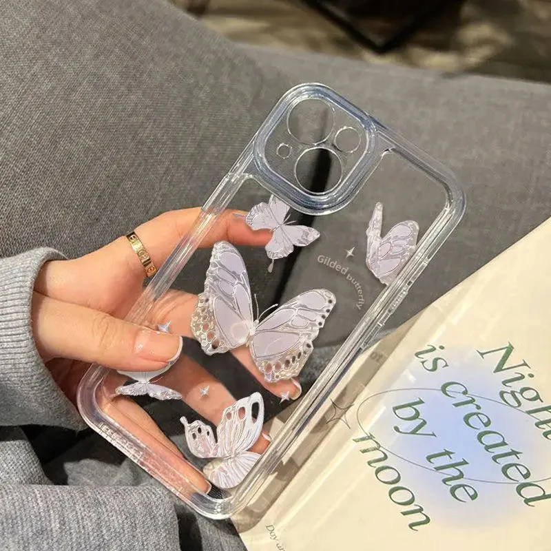 Color: Beige, Material: POLYESTER - Simple Space Transparent Anti-fall Phone Case For iPhone 15 11 14 13 12 Pro Max Plus Silicone Protect Flower Butterfly Cover