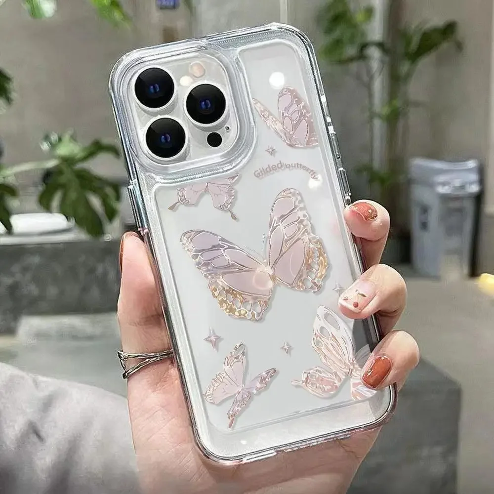 Color: Beige, Material: POLYESTER - Simple Space Transparent Anti-fall Phone Case For iPhone 15 11 14 13 12 Pro Max Plus Silicone Protect Flower Butterfly Cover
