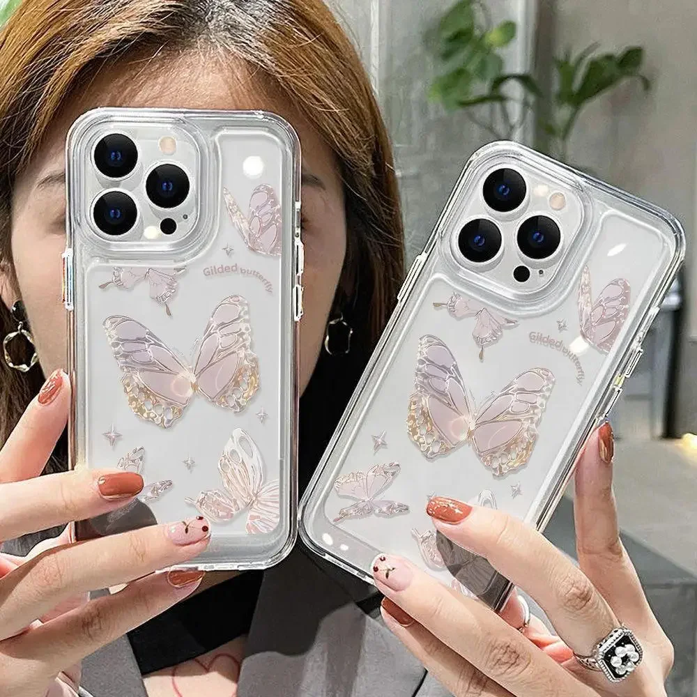 Color: Beige, Material: POLYESTER - Simple Space Transparent Anti-fall Phone Case For iPhone 15 11 14 13 12 Pro Max Plus Silicone Protect Flower Butterfly Cover