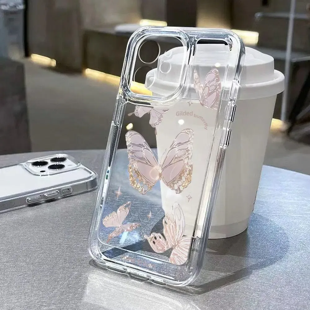 Color: Beige, Material: POLYESTER - Simple Space Transparent Anti-fall Phone Case For iPhone 15 11 14 13 12 Pro Max Plus Silicone Protect Flower Butterfly Cover