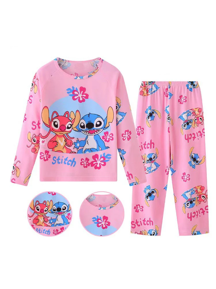 Color: Pink, Kid Size: 4T - New Pajama Boys Girls Pajamas Stitch Clothing Sets Kids Long Sleeve +Pant 2Piece Children Home Clothing Girl Nightgown