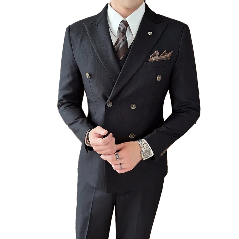 Color: Beige, Size: XXXL - 2025 Men's Double Breasted 3/2 Piece Business Casual Wedding Dress Suit with Trousers Regular Fit Bridegroom High Sense