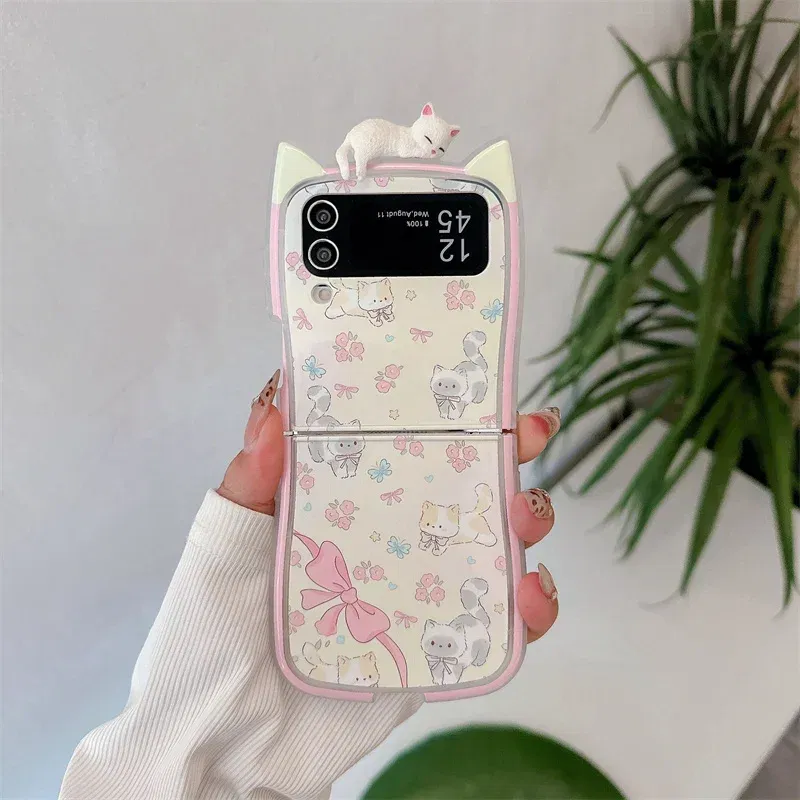 Color: Beige, Material: PE - 3D Flower Cat Bracelet Phone Case For Samsung Galaxy Z Flip 7 FE 6 5 4 3 ZFlip6 Z Flip6 ZFlip 6 Cat Ears Shockproof Cover