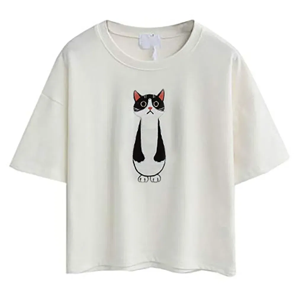Color: GRAY, Size: XL, Ships From: CHINA - 2021 Summer Cotton Short Sleeved Crop Top T-shirt Femme Embroidered Cat T Shirts Cartoon Women Fashion Cactus Top Tee T Shirt