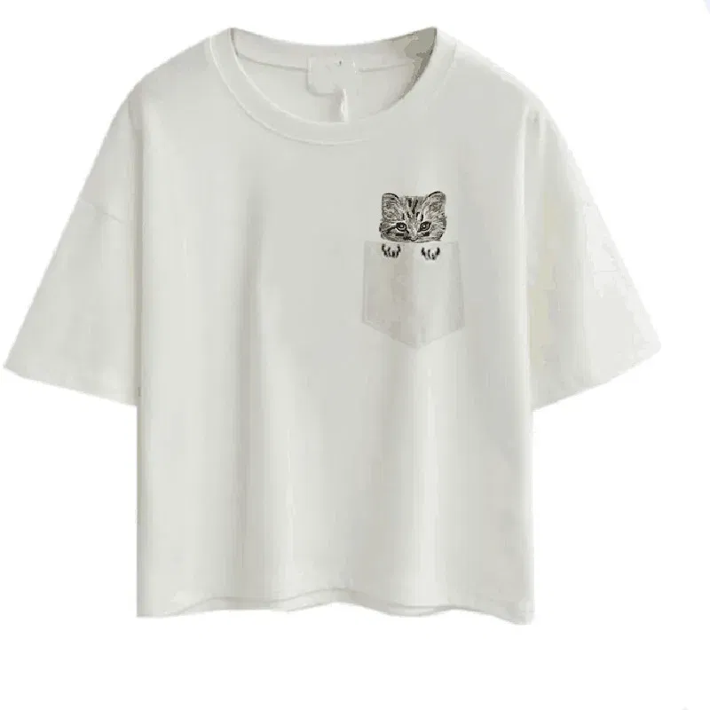 Color: GRAY, Size: XL, Ships From: CHINA - 2021 Summer Cotton Short Sleeved Crop Top T-shirt Femme Embroidered Cat T Shirts Cartoon Women Fashion Cactus Top Tee T Shirt